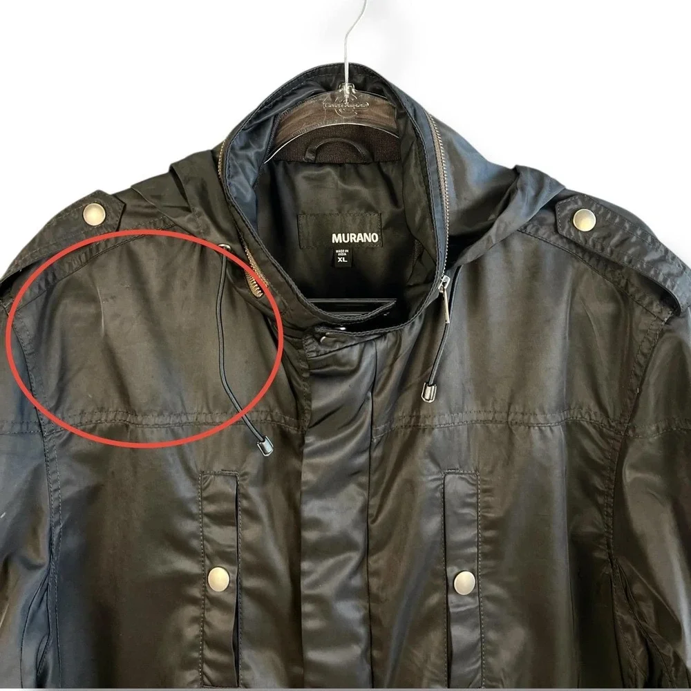 Murano Jacket Mens XL Black‎ Hooded Full Zip Snap Storm Flap Pockets Epaulets